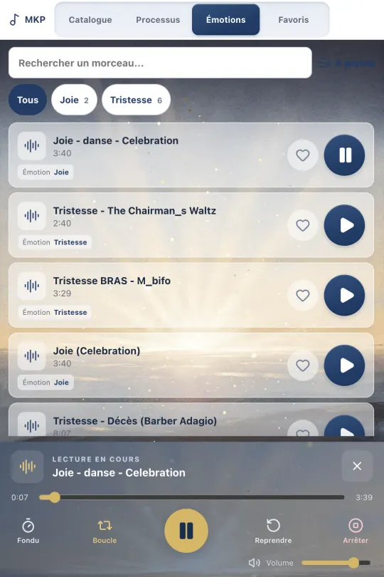L'application MKP avec ses filtres par émotion, ses morceaux et ses commandes de lecture